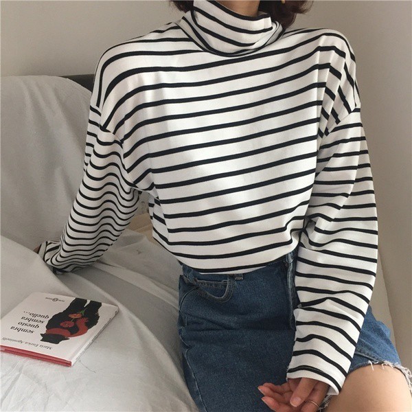 Blouse Wanita Turtleneck Salur Tangan Panjang All size Fit to L