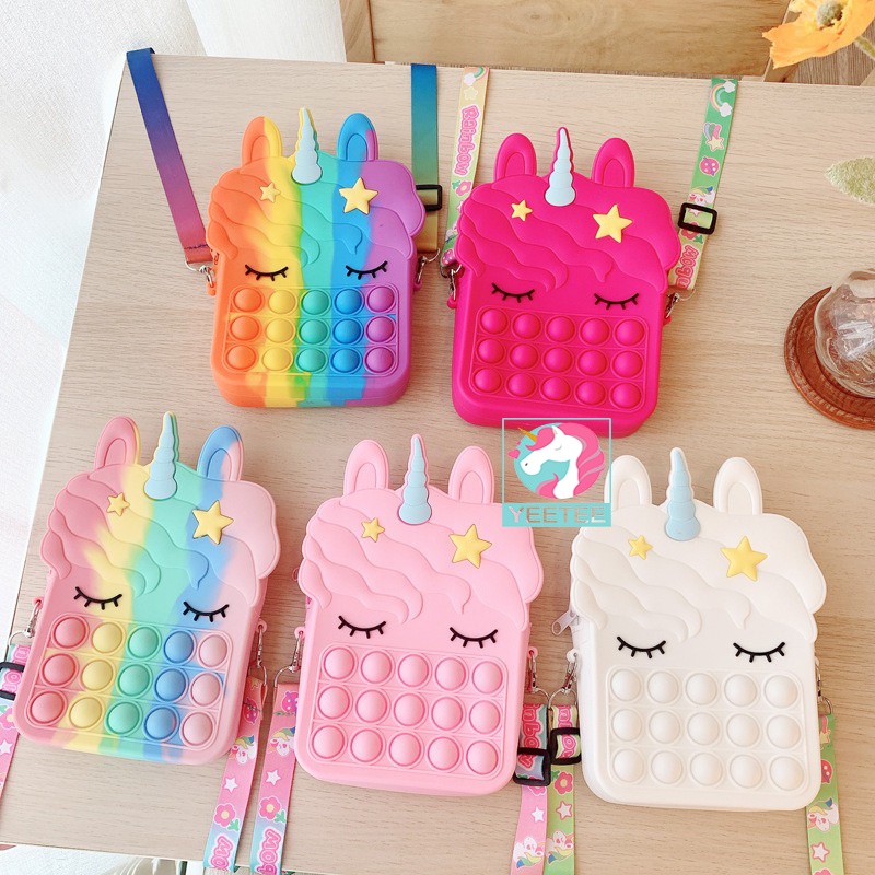 Ready✅Unicorn Pop Fidget Bag Rainbow Coin Purse Wallet Mainan Gelisah Unzip Toy Messenger Bag Wallet Crossbody Bag