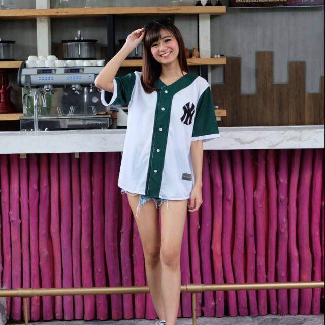 Baju baseball jersey baseball Pria Wanita NY putih hijau