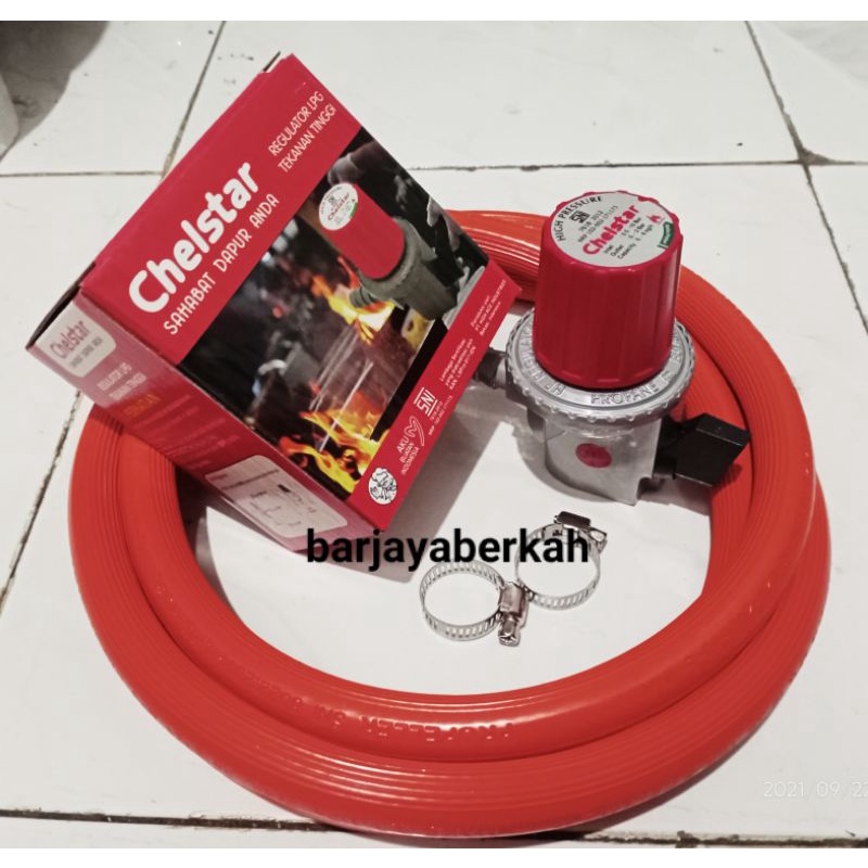 Paket selang gas 2 meter SNI , Regulator Chelstar (tekanan tinggi) dan 2 klem selang