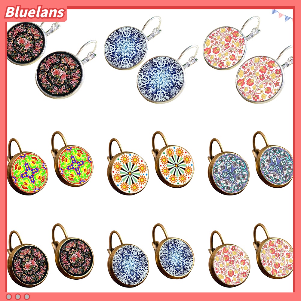 Bluelans Anting Klip Bentuk Bulat Motif Bunga Mandala Gaya Retro Untuk Wanita