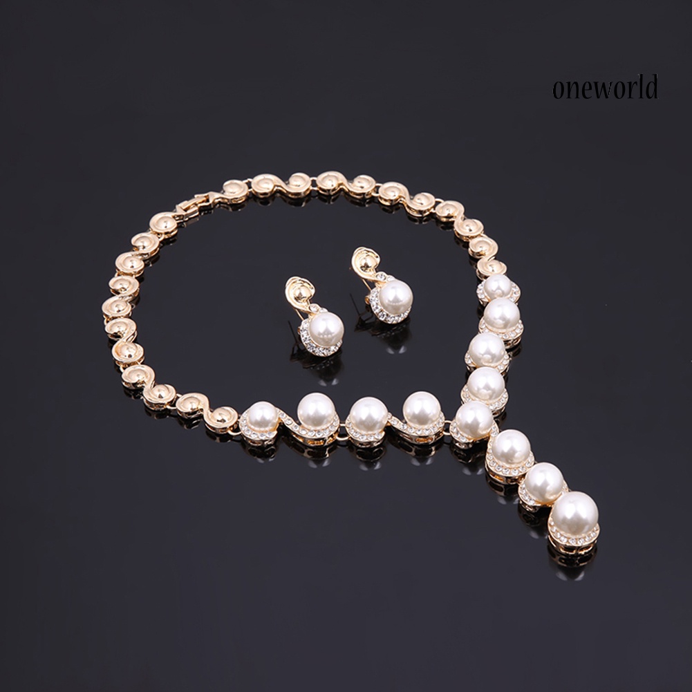 OW@ Women Pearl Inlaid Rhinestone Necklace Bracelet Stud Earrings Ring Jewelry Set