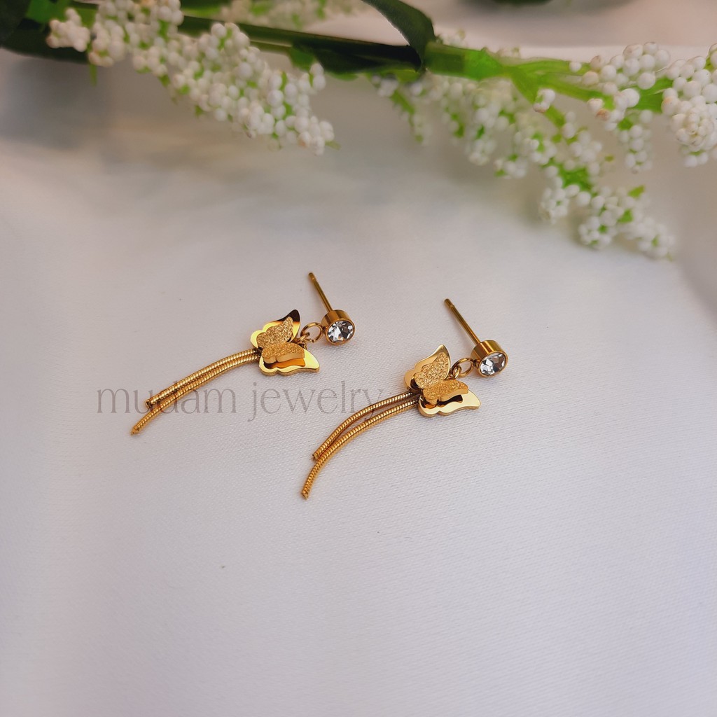 Anting Tusuk Titanium Kupu - Kupu Kecil Jurai Dengan Diamond Artifisial Warna Rose Gold, Gold dan Silver