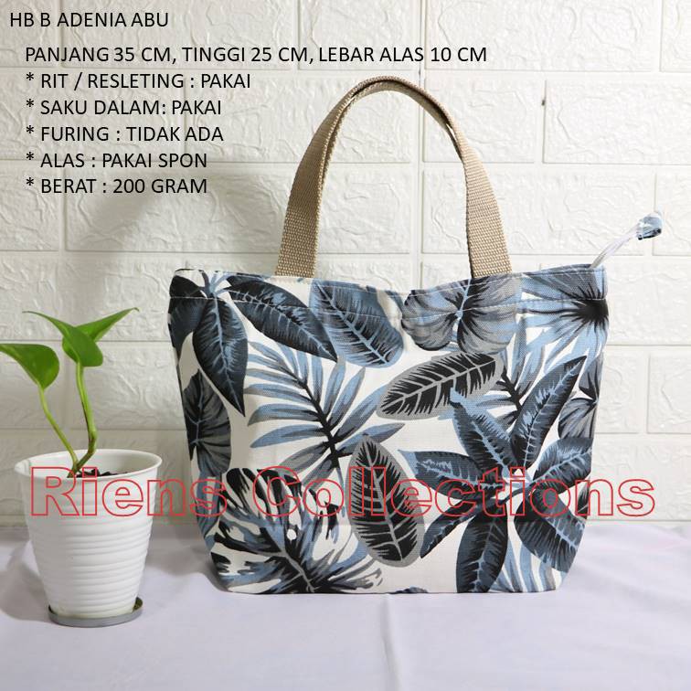 RIENS COLLECTIONS. HANDBAG BESAR BAHAN KANVAS MOTIF ADENIA ABU. TAS KANVAS. TAS WANITA KANVAS. TAS SOUVENIR JOGJA