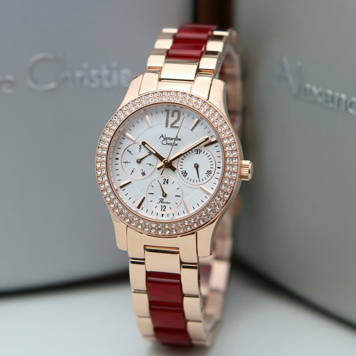 JAM TANGAN ALEXANDRE CHRISTIE AC 2463 MULTIFUNGTION WANITA ROSEGOLD RED MOTIF ORIGINAL