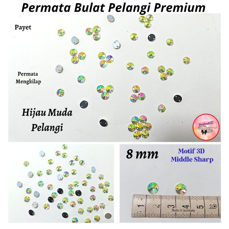 Diamond Permata Bulat Pelangi 8 mm Payet Kristal Mote Jahit Premium 100 pcs