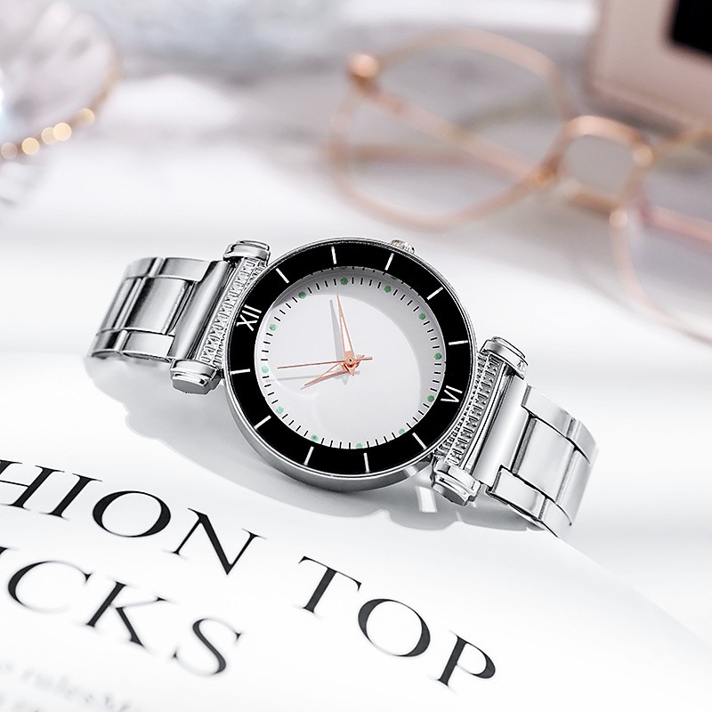 Jam Tangan Quartz Luminous Strap Stainless Steel Warna Silver Casual Fashion Untuk Wanita