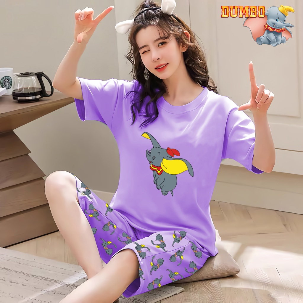 Lilipop.id  Baju Tidur Wanita 3/4 All Size Standar Dumbo Warna Setelan Piyama BabyDoll Kaos Celana Pendek