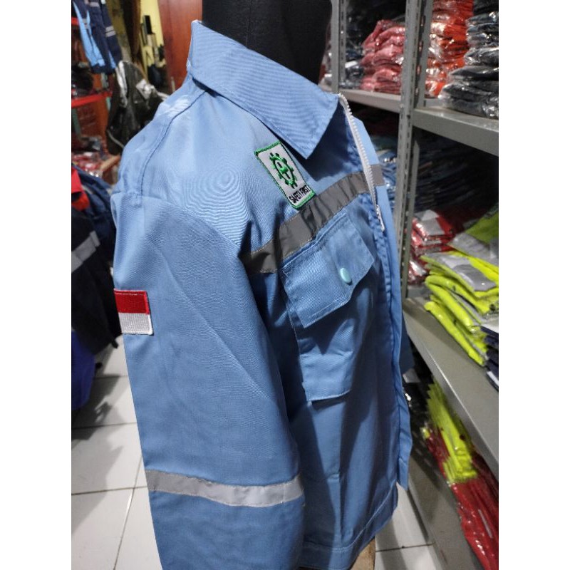 RESLETING BAJU SAFETY TELUR ASIN BIRU LANGIT BERLOGO K3 BENDERA WEARPACK ATASAN KERJA