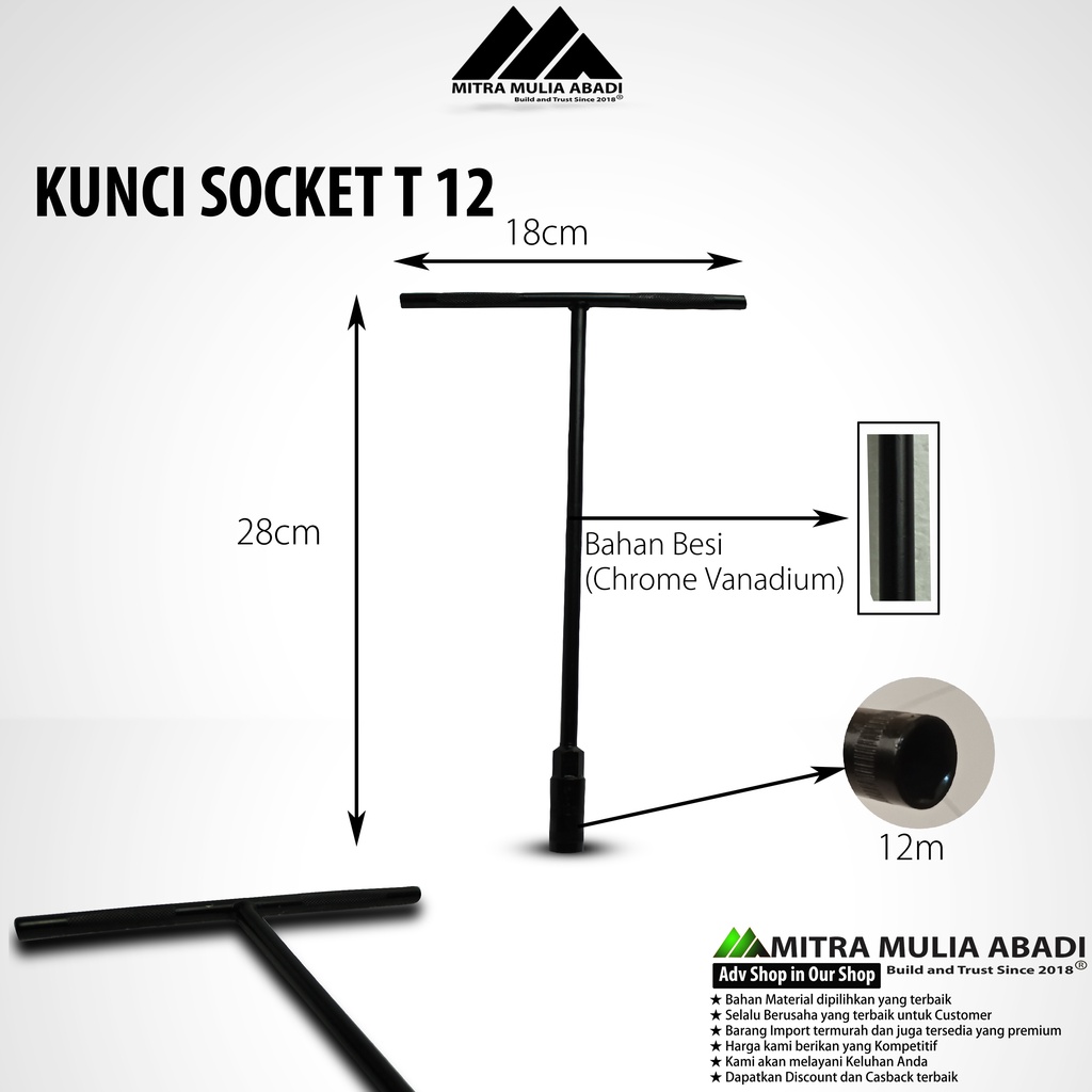 Kunci Sock T Panjang Ukuran Hex 12mm Baut 12mm Hitam