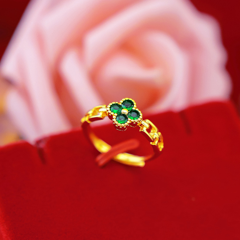 Cincin Model Terbuka Desain Daun Clover Empat Aksen Berlian Lapis Emas Gaya Jepang Dan Korea Untuk Wanita