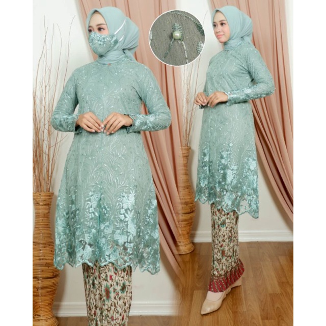 kebaya tunik busui friendly / tunik tulle busui/ stelan kebaya modern-Hijau wardah