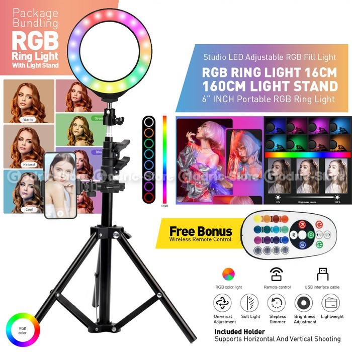 RGB Ring Light 16CM (with REMOTE) + Tripod Light Stand 160CM Lampu LED