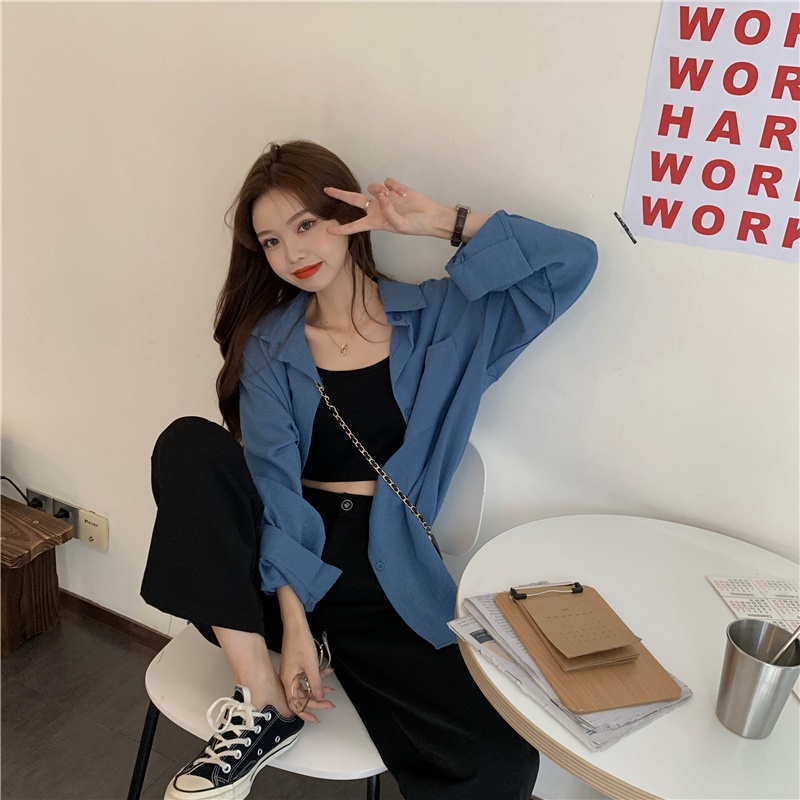 Fashion wanita korea all-match kemeja lengan panjang kasual warna solid oversize blouse