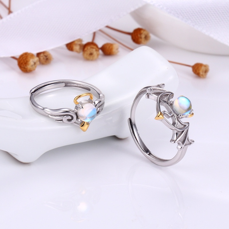 Cincin Desain Angel Devil Aksen Moonstone Biru Gaya Vintage Boho Untuk Wanita