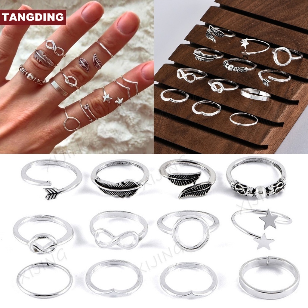 【COD Tangding】12pcs/set Bohemian Style Ancient Silver Leaf Feather Knot 8 Characters Infinite Arrow Pentacle Women's New Jewelry