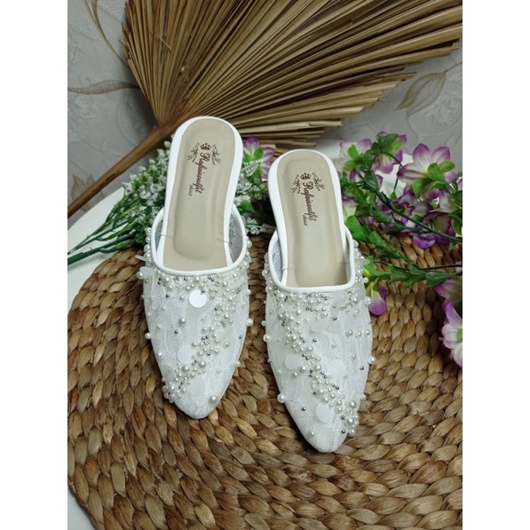 sepatu reista putih lace brukat payet cantik mewah tinggi 5cm kaca