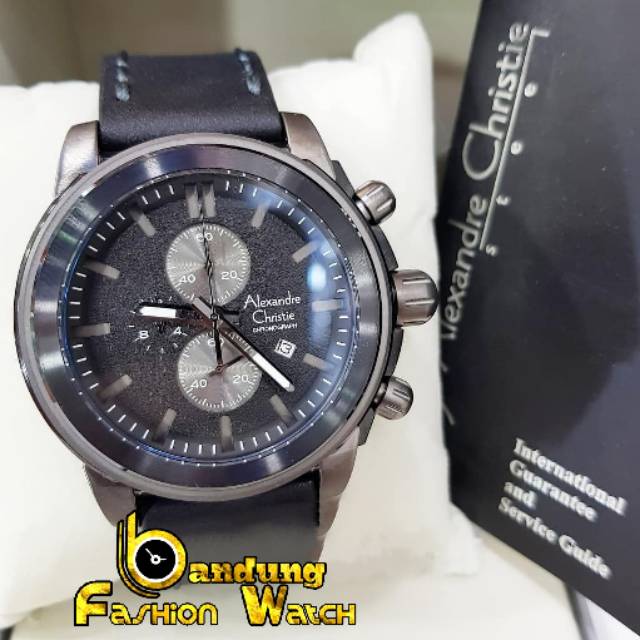Jam Tangan Keren Elegant Cowok Alexandre Christie AC 6423 Leather Full Black Original