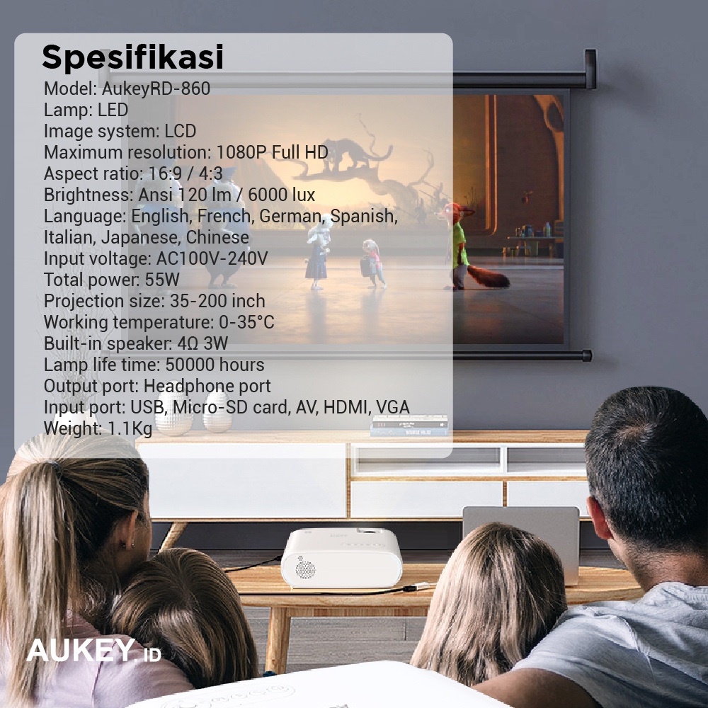 AUKEY RD-860 - CINEX MINI - Portable Wireless Mirroring LED Projector 120 ANSI Lumens - Proyektor Terbaru dari AUKEY - GARANSI RESMI DISTRIBUTOR 2 TAHUN