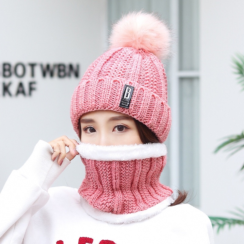 Winter Knitted Beanie Pompom Scarf Set Woman  / Topi Kupluk + Syal Rajut Wanita / anak2