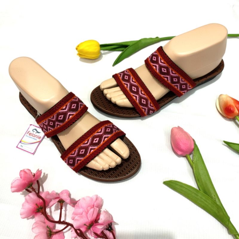 Sandal wanita murah ban 2 batik dan renda Felonie MRK  02 turki rajut