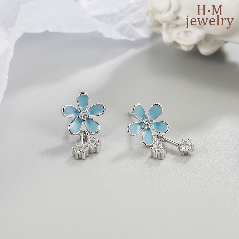 Anting Rumbai Bentuk Bunga Daisy Warna Abu-Abu Biru