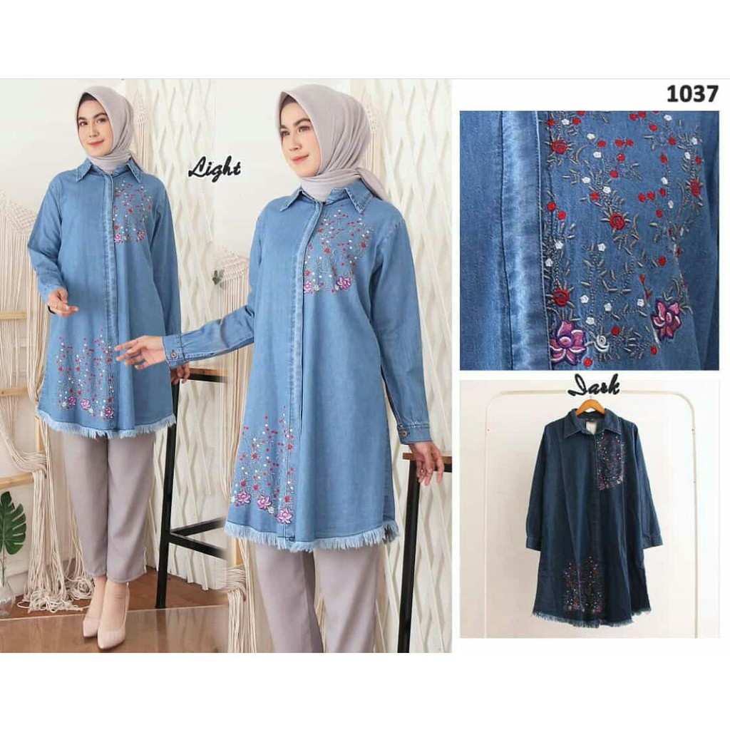 DRESS JEANS PANJANG BUNGA BORDIR KANCING / TUNIK JEANS MUSLIM / DRESS MUSLIM / TUNIK DENIM JUMBO