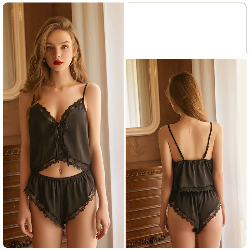 [ LINGERIE MASTER ] - (L-2) Sexy Lingerie Baju Tidur Set / Baju Tidur Sexy Wanita Bahan Satin / Sleepwear Lingerie-L-2 Black
