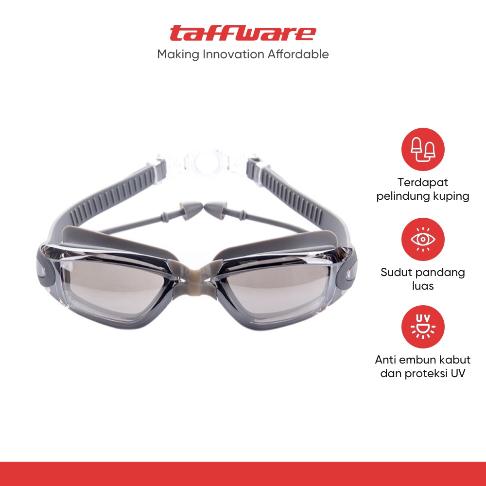 TaffSPORT Kacamata Renang dengan Penutup Telinga Anti Fog UV Protection Tidak Berembun dan Berkabut