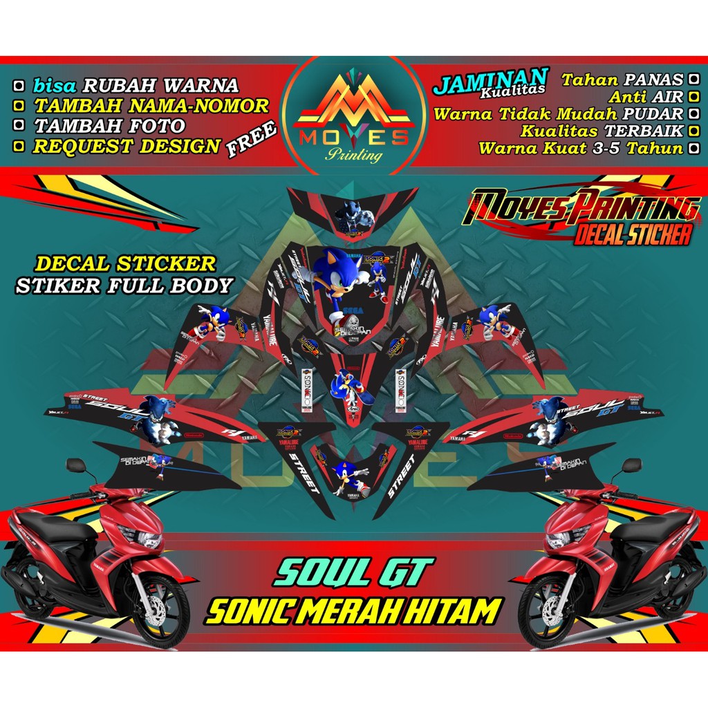 Decal stiker motor mio Soul GT 115 Stiker Fullbody Variasi List Motor Desain Sonic merah hitam