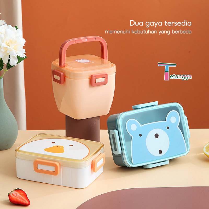 Warna double layer PP Wheat Straw Tempat makan Bento Kotak Bekal/Jerami Gandum lunch box 1000 ML dengan free Sendok