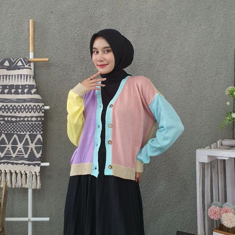 rajut retro rainbow cardigan