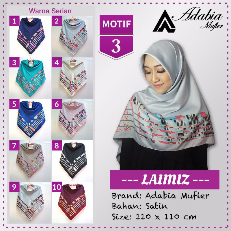 Jilbab Segiempat Satin Lamiz Laimiz motif 3 By Adabia Hijab Scarf