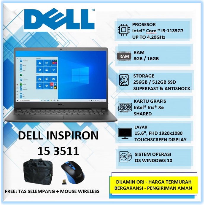 Laptop Slim Sekolah Dell Inspiron 15 3511 Intel i5 1135G7 RAM 8GB 16GB SSD 256GB 512GB 15.6" Touch W