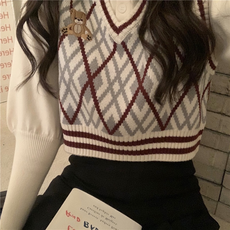 XIAOZHAINV Rompi Rajut Pendek Korea V-Neck Crop Top 0059