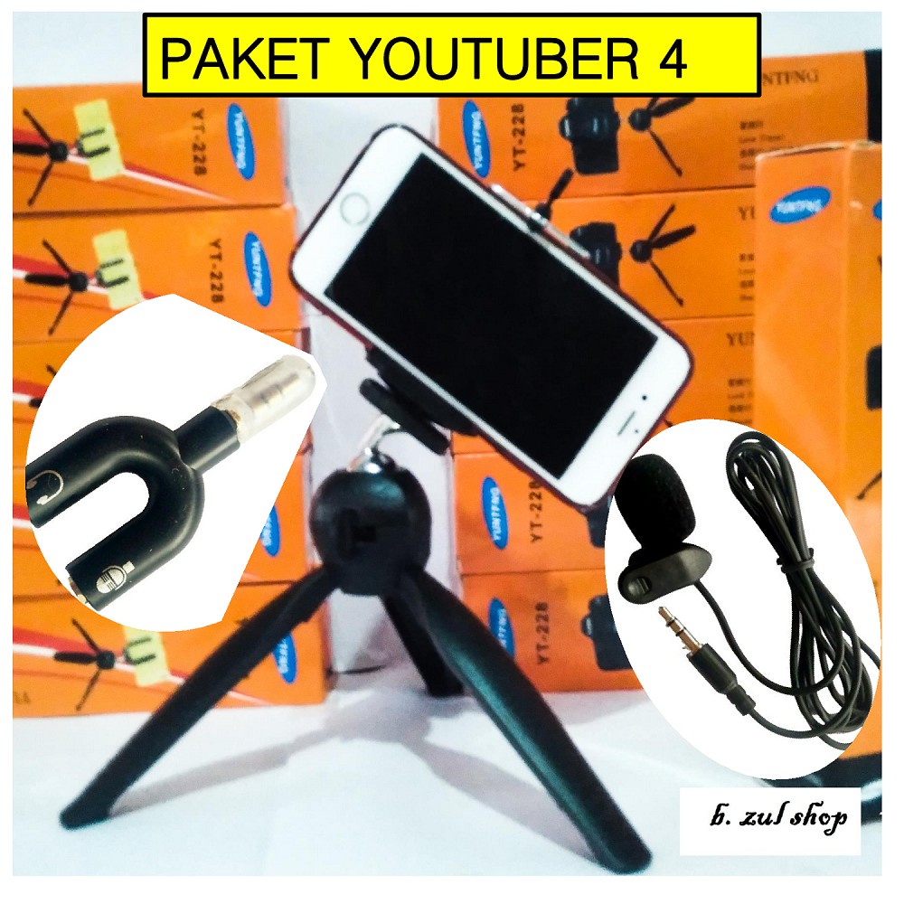 Paket youtuber 4 in 1: (Mini tripod Yunteng 228 + U holder + Clip on mic + U Splitter)