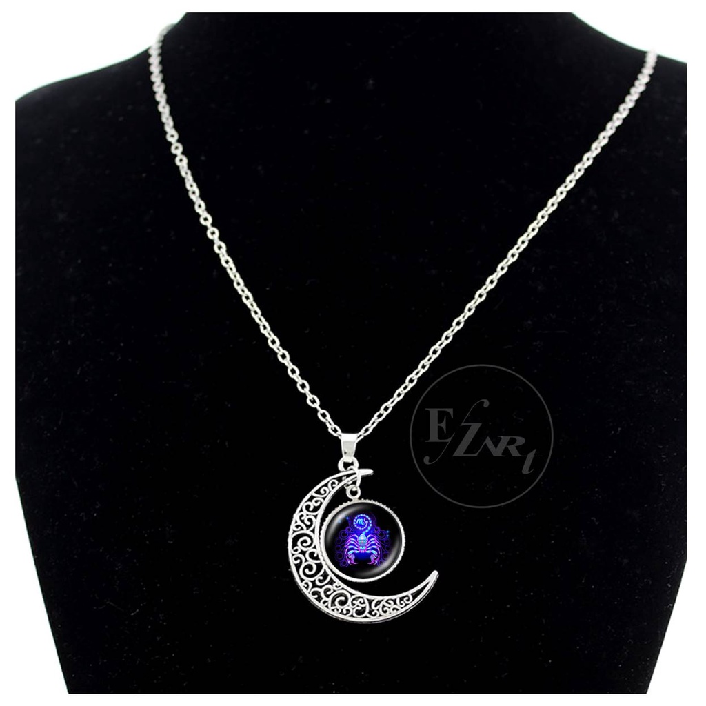 KALUNG ZODIAK LIONTIN BULAN SABIT KACA BULAT CEMBUNG RANTAI STAINLESS STEEL ZODIAC NEON BIRU