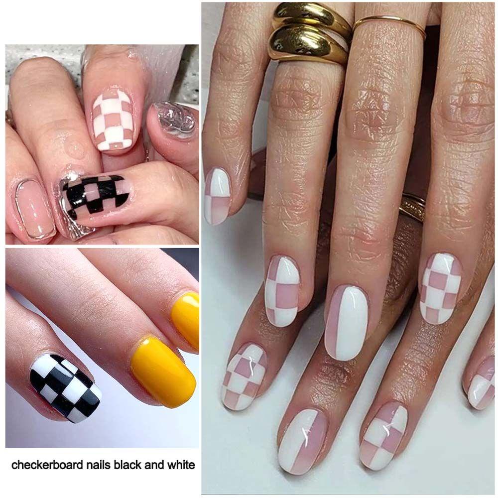 AUGUSTINA Agustina Checkerboard Stiker Kuku Bintang Pesona Bulan Motif Kotak-Kotak Perekat Api DIY Nail Art Alat