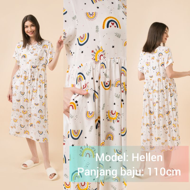 DASTER KHALIFS SLEEPWEAR EXCLUSIVE KHALIF'S ID HOMEWEAR HOMEDRESS RAYON VALENCIA SUPER PREMIUM BUSUI BAJU HAMIL FRIENDLY MIDI NYAMAN GEMES ADEM TERBARU-HELEN Rainbow White