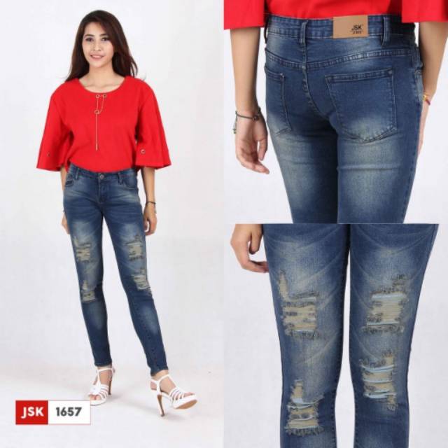Celana Ripped Skinny jeans Wanita JSK jeans
