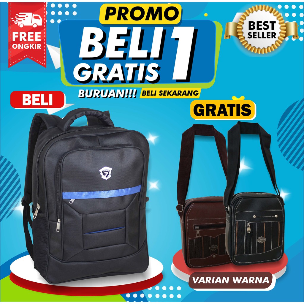 BELI 1 GRATIS 1 Tas Sekolah Pria SMP SMA Ransel Gendong Polo Hitam List Biru Free Selempang Cowo