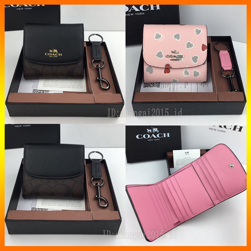 Coach Dompet lipat wanita Original 53779 Dompet wanita dengan flap kulit ganda dan cetakan 