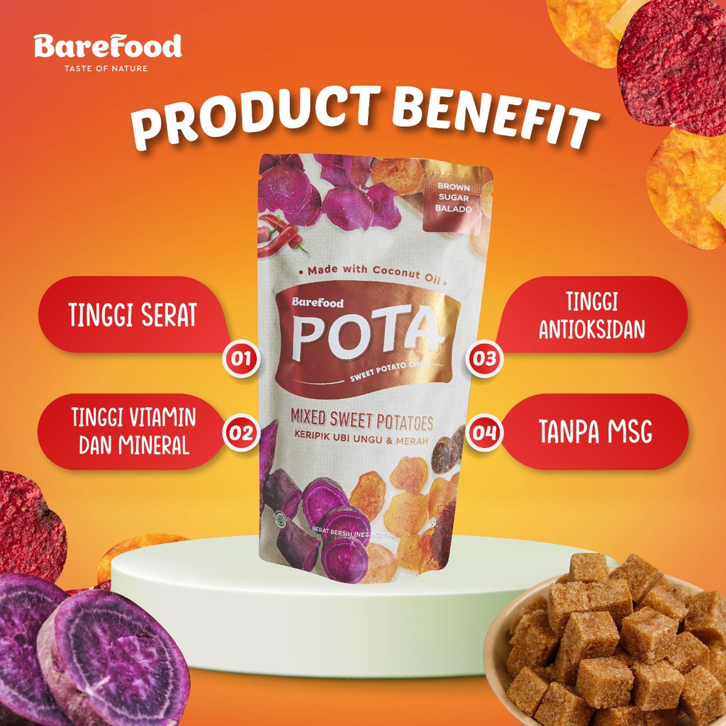 POTA Sweet Potato Chips 50g - Keripik Ubi - Himalayan Salt/Brown Sugar Balado-Cemilan Sehat Barefood