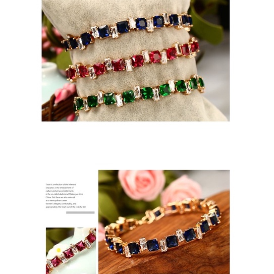 Gelang Lapis Emas 18k Hias Batu Permata Zamrud Merah Biru Bahan Stainless Steel