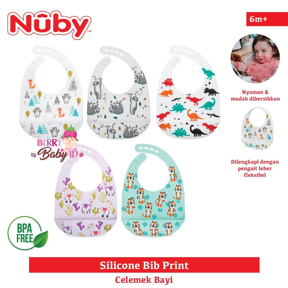 Nuby Silicone Bib Print Slabber Celemek Makan Bayi Silikon BPA Free Berry Mart