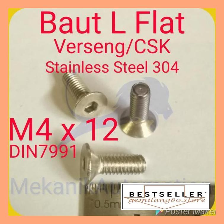Baut & Mur Tools- Baut M4 X 12 Flat L / Verseng Stainless 304 48A450D