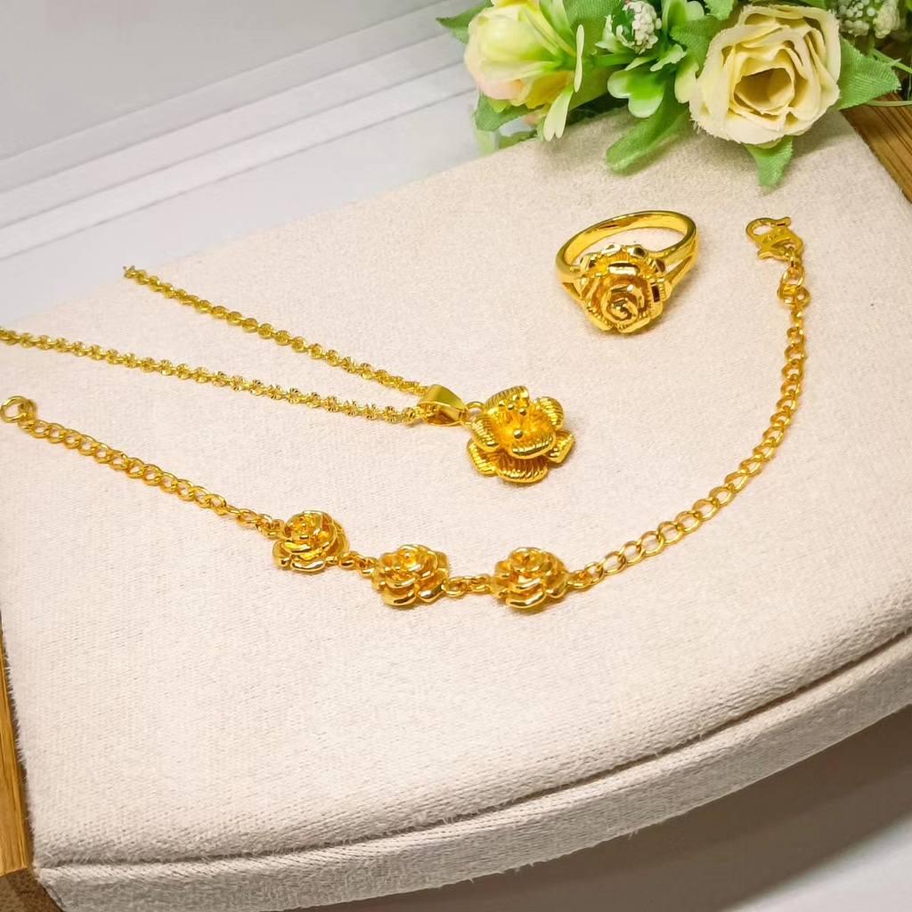 satu set gelang+kalung dan Liontin+cincin kendari gold 24K perhiasan hadiah bunga
