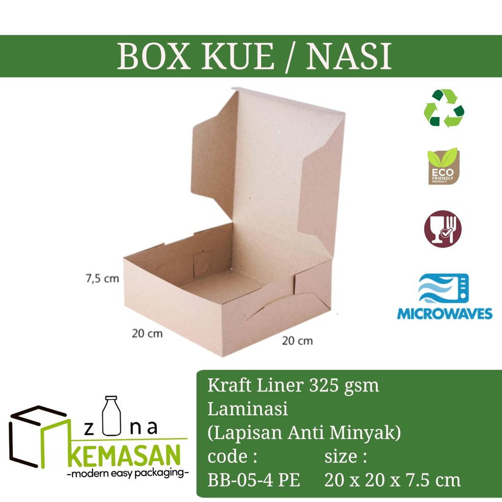 

BOX DUS KARDUS KOTAK MAKANAN NASI ROTI KUE SNACK 20x20x7.5 cm KRAFT 325 gsm LAMINASI