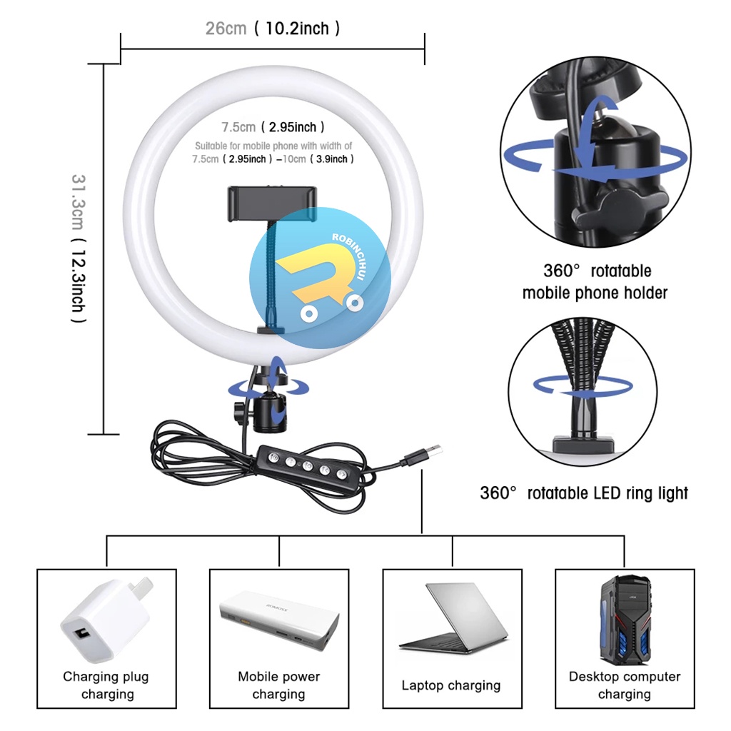 Tripod Handphone 210 CM (2.1M) + Ring Light Led 26CM - Tripod Tiktok - Ring Light - Make Up Vlog - Selfie Light - Tripod Ringlight Stand - Tripod Live Tiktok - Vloger - Youtuber