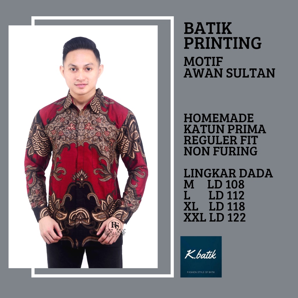 KEMEJA BATIK PRIA LENGAN PANJANG MOTIF AWAN SULTAN MERAH BATIK MODERN BATIK SERAGAMAN KANTORAN BATIK PEKALONGAN BATIK KATUN